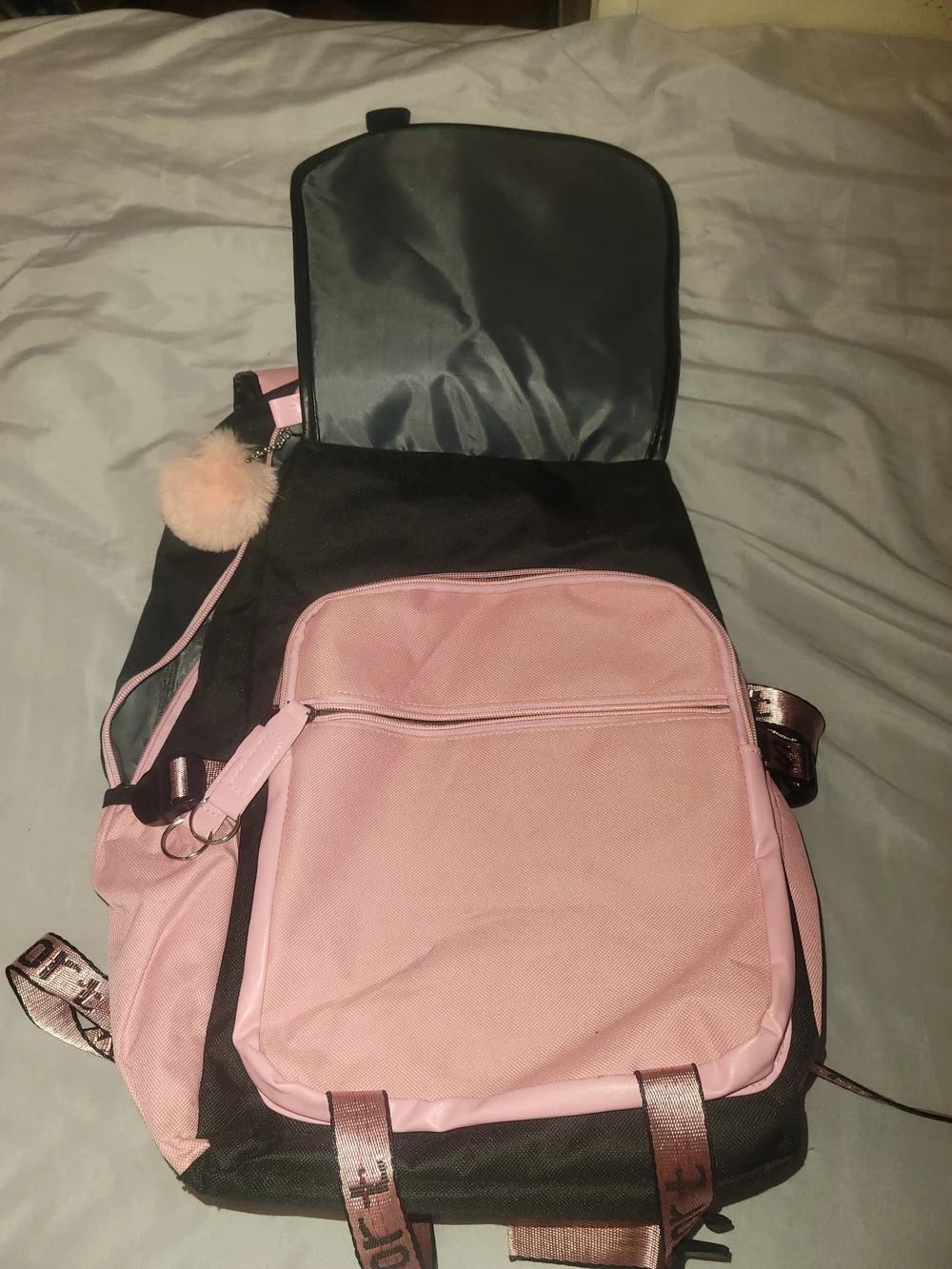 Pink & Black Anime Backpack with Pom Pom Charm